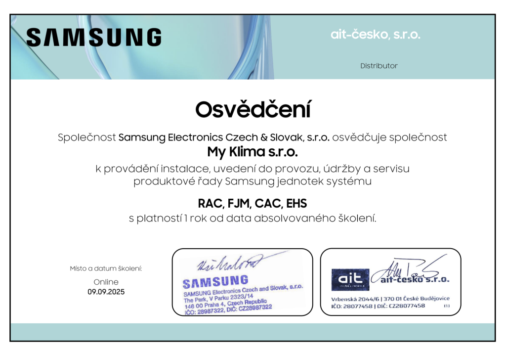 Osvědčení MyKlima Samsung