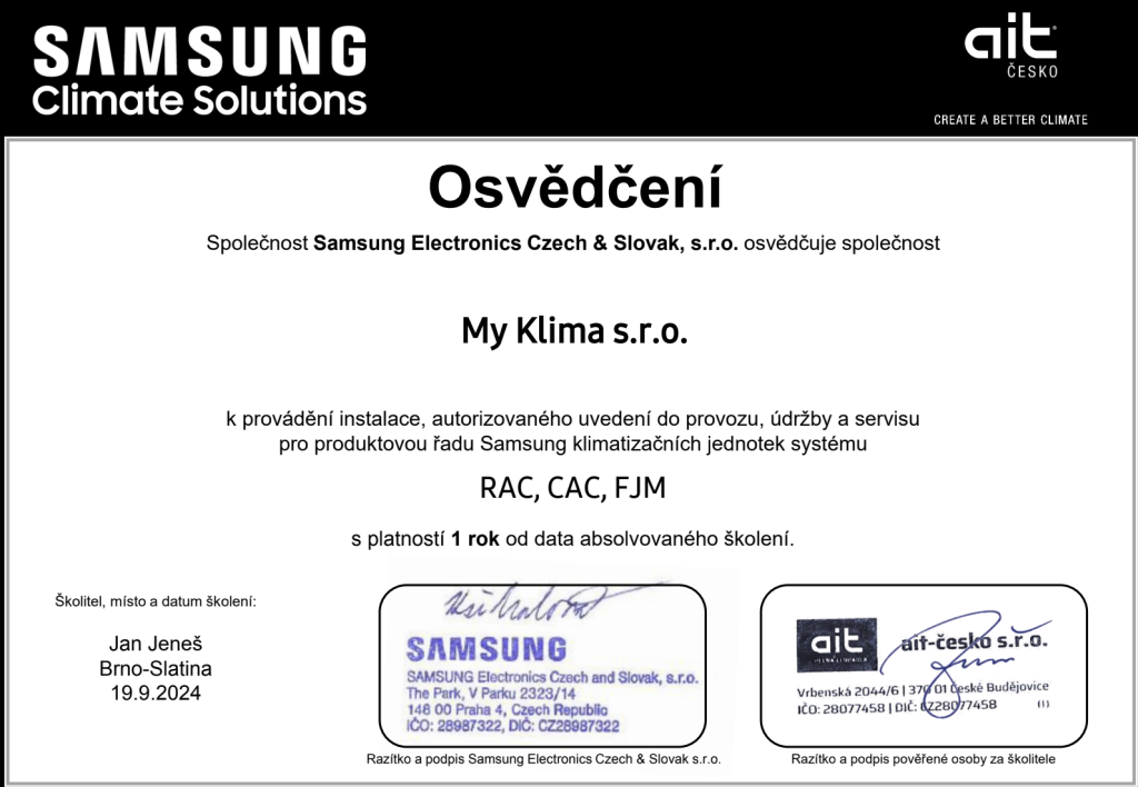 Osvědčení MyKlima Samsung