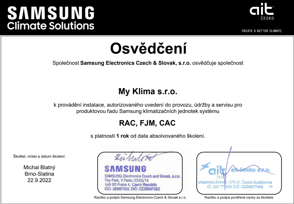 Osvědčení MyKlima Samsung
