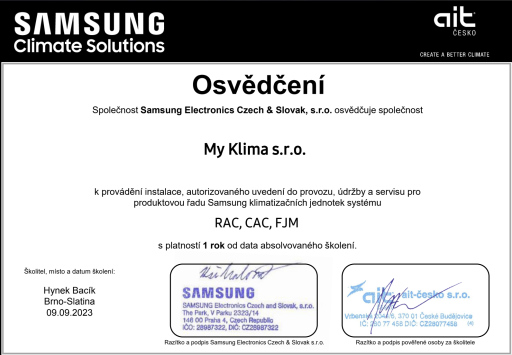 Osvědčení MyKlima Samsung